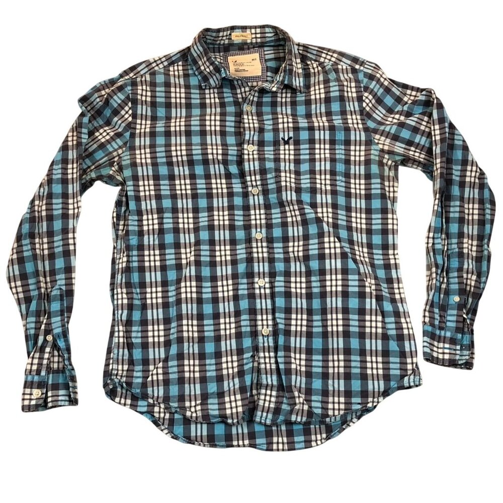 American Eagle Outfitters Mens Button Down Shirt Medium Blue Plaid Long Sleeves